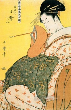  Kitagawa Pintura al %C3%B3leo - Komurasaki del Tamaya con pipa en mano Kitagawa Utamaro Ukiyo e Bijin ga